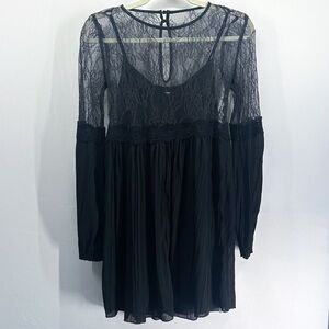 Y2K Whimsigoth Abercrombie & Fitch Black Lace Pleated Babydoll Sheer Mini Dress